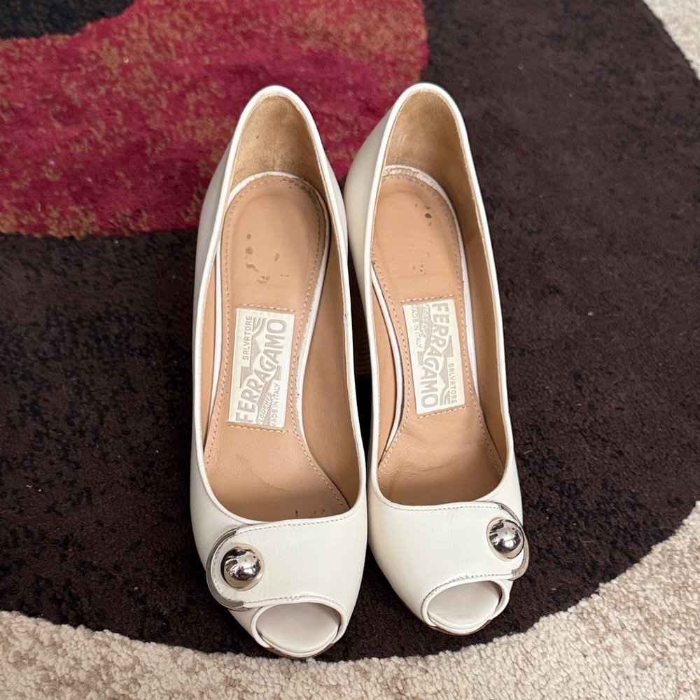 Salvatore Ferragamo Cream Peep Toe Heels